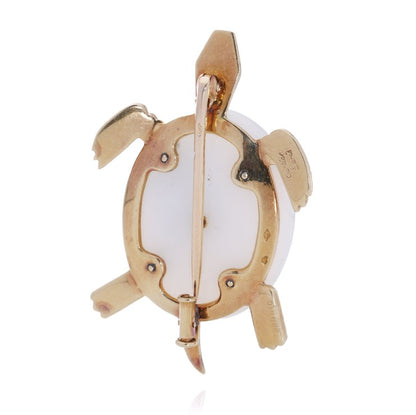 Cartier Vintage White Chalcedony and 18ct Yellow Gold Turtle Brooch with Rose Cut Diamond Eyes