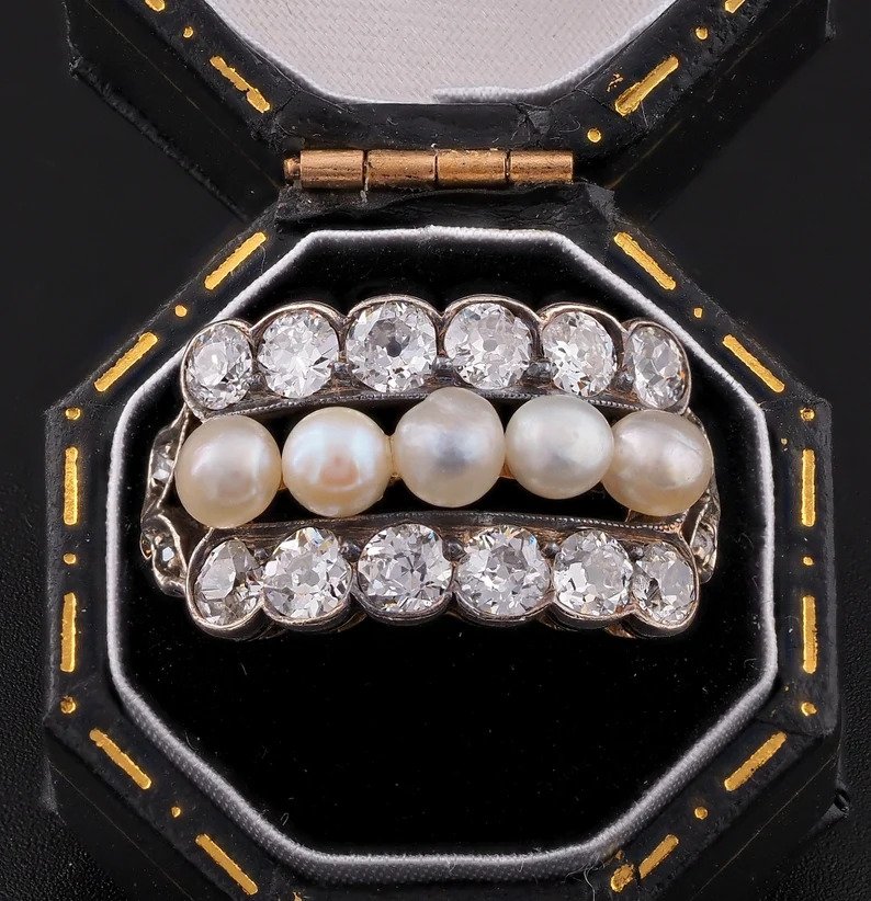 Art Deco Natural Pearl and 1.90ct Old Mine Cut Diamond Dress Ring