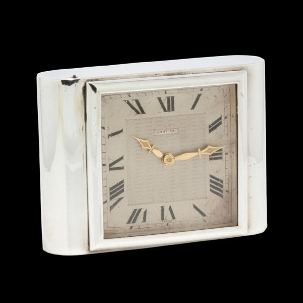 Antique Cartier Sterling Silver Clock, sterling silver case and manual winding movement, in original box, J.C Jacques Cartier, London Import Hallmark Dated 1929