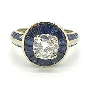 1.09ct Diamond and Calibre Sapphire Target Ring in 14ct Gold