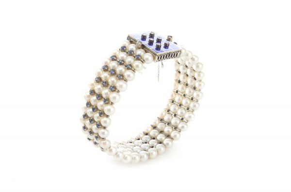 Vintage Akoya Pearl and Aquamarine Bangle Bracelet with Blue Enamel Clasp decorated with Rose-Cut Diamonds, Made in Italy, Circa 1940 - 1950s