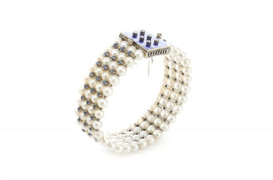 Vintage Akoya Pearl and Aquamarine Bangle Bracelet with Blue Enamel Clasp decorated with Rose-Cut Diamonds, Made in Italy, Circa 1940 - 1950s