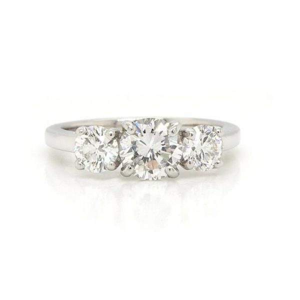 Diamond Three Stone Ring in Platinum, 1.48 carat total, each sparkling diamond is accompanied by GIA certificate. All diamonds are G colour and VS clarity.