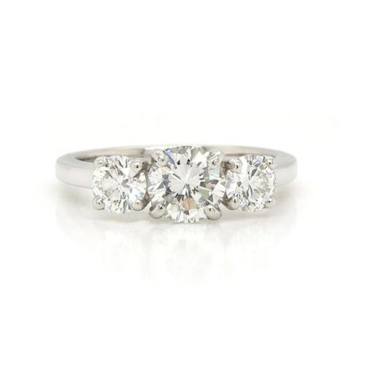 Diamond Three Stone Ring in Platinum, 1.48 carat total, each sparkling diamond is accompanied by GIA certificate. All diamonds are G colour and VS clarity.
