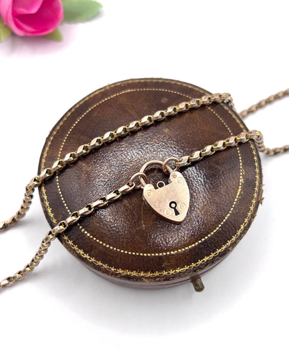 Antique 9 Carat Rose Gold Tulip Link Chain with Edwardian Heart Padlock Clasp