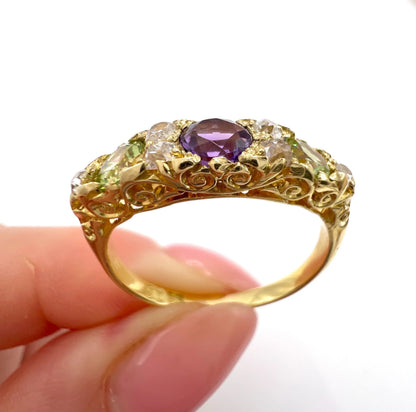 Edwardian Antique Amethyst Peridot and Diamond Carved Suffragette Ring