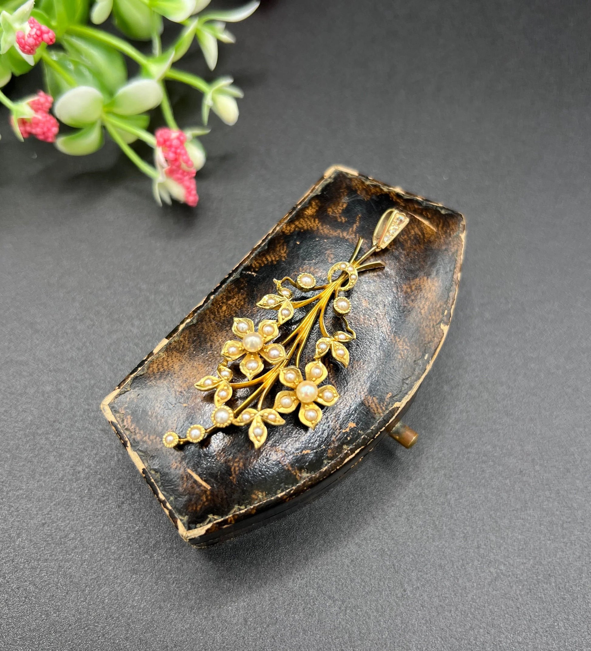 Antique 15 Carat Yellow Gold Pearl and Diamond Flower Spray Bouquet Pendant, Circa 1900