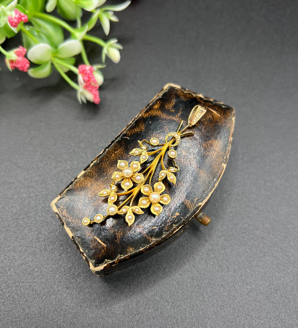 Antique 15 Carat Yellow Gold Pearl and Diamond Flower Spray Bouquet Pendant, Circa 1900