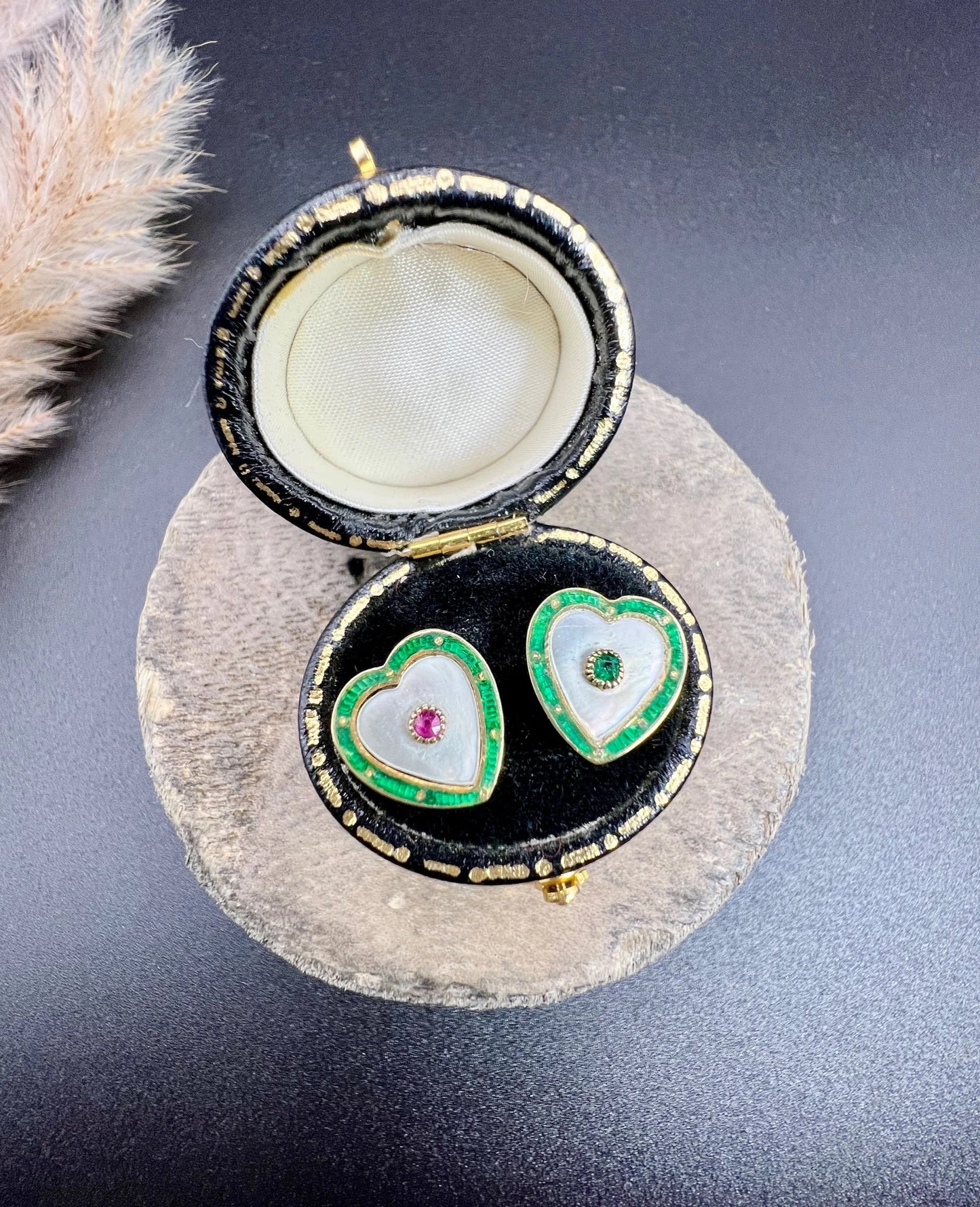 Antique 15ct Yellow Gold, 1920s Mother of Pearl, Green Enamel, Ruby & Emerald Heart Shaped Stud Earrings
