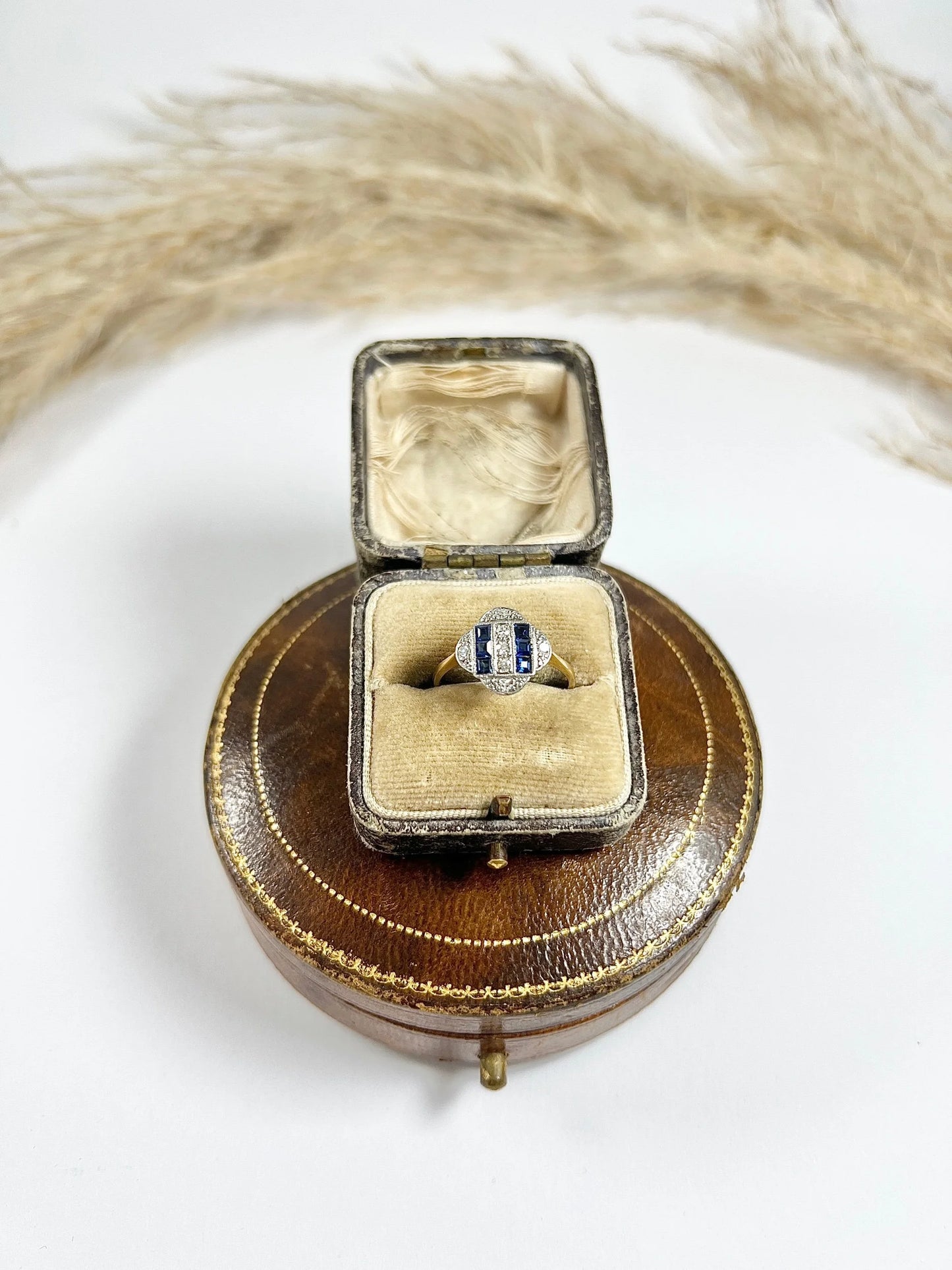 1920s Original Art Deco Sapphire Diamond Panel Engagement Dress 18ct Yellow Gold Ring