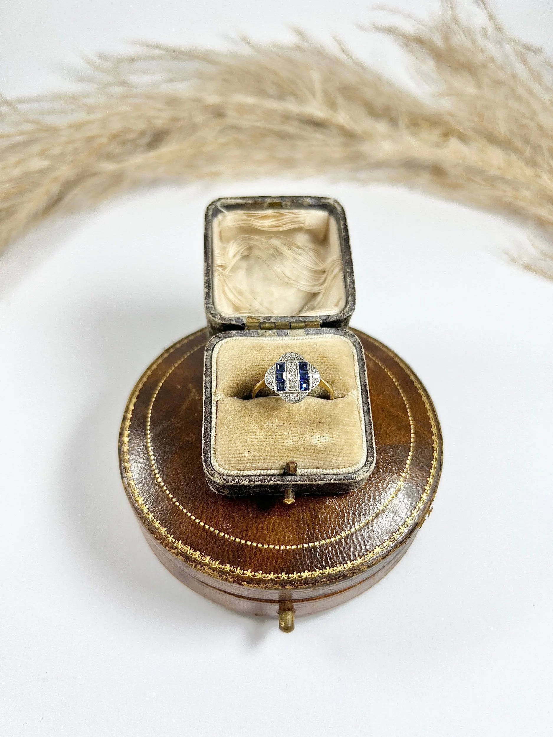 1920s Original Art Deco Sapphire Diamond Panel Engagement Dress 18ct Yellow Gold Ring