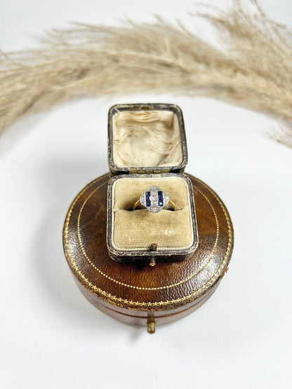 1920s Original Art Deco Sapphire Diamond Panel Engagement Dress 18ct Yellow Gold Ring