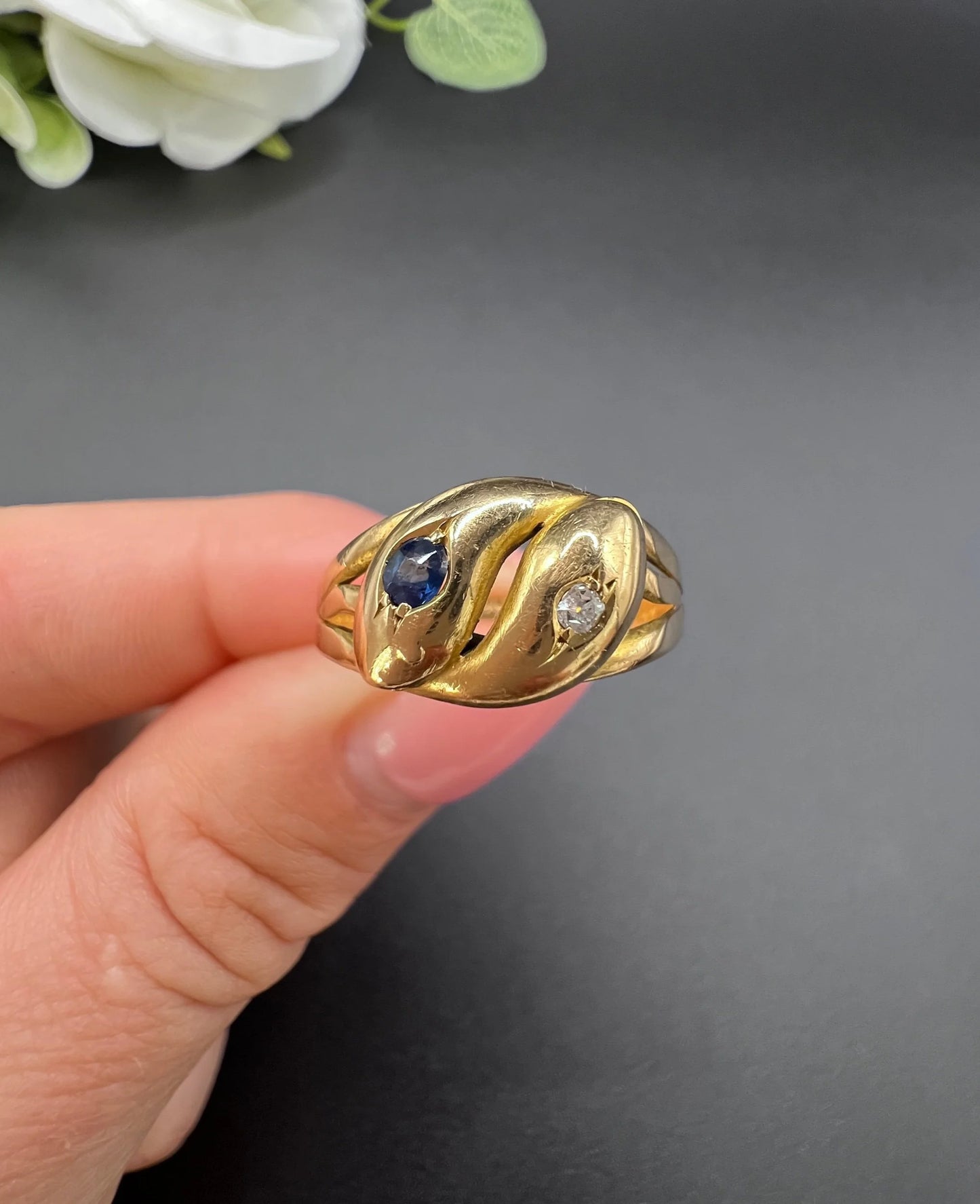 Antique 18ct Yellow Gold, Victorian Sapphire & Diamond Double-Headed Snake Ring