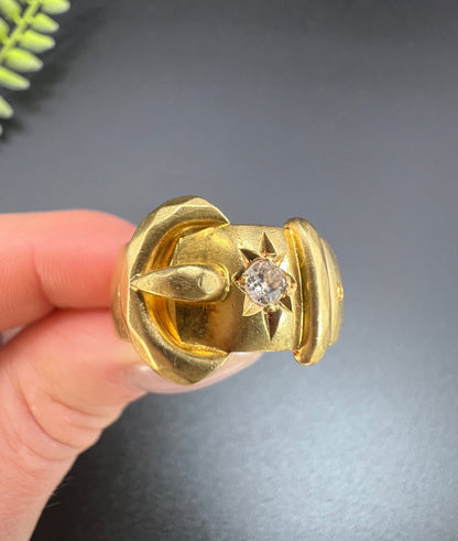 Antique 18 Carat Yellow Gold Star Set Diamond Buckle Ring, Hallmarked London 1915