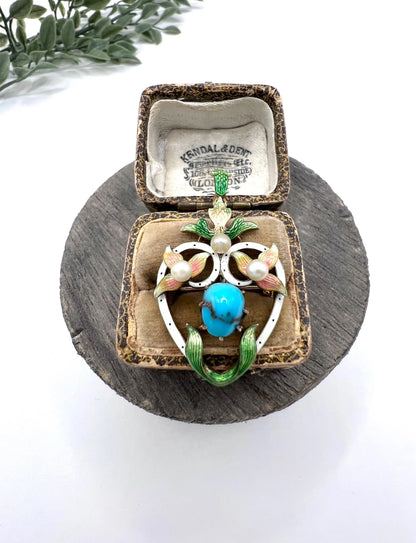 Antique 15ct Gold Heart Pendant/Brooch: Victorian Enamel, Turquoise, Seed Pearls