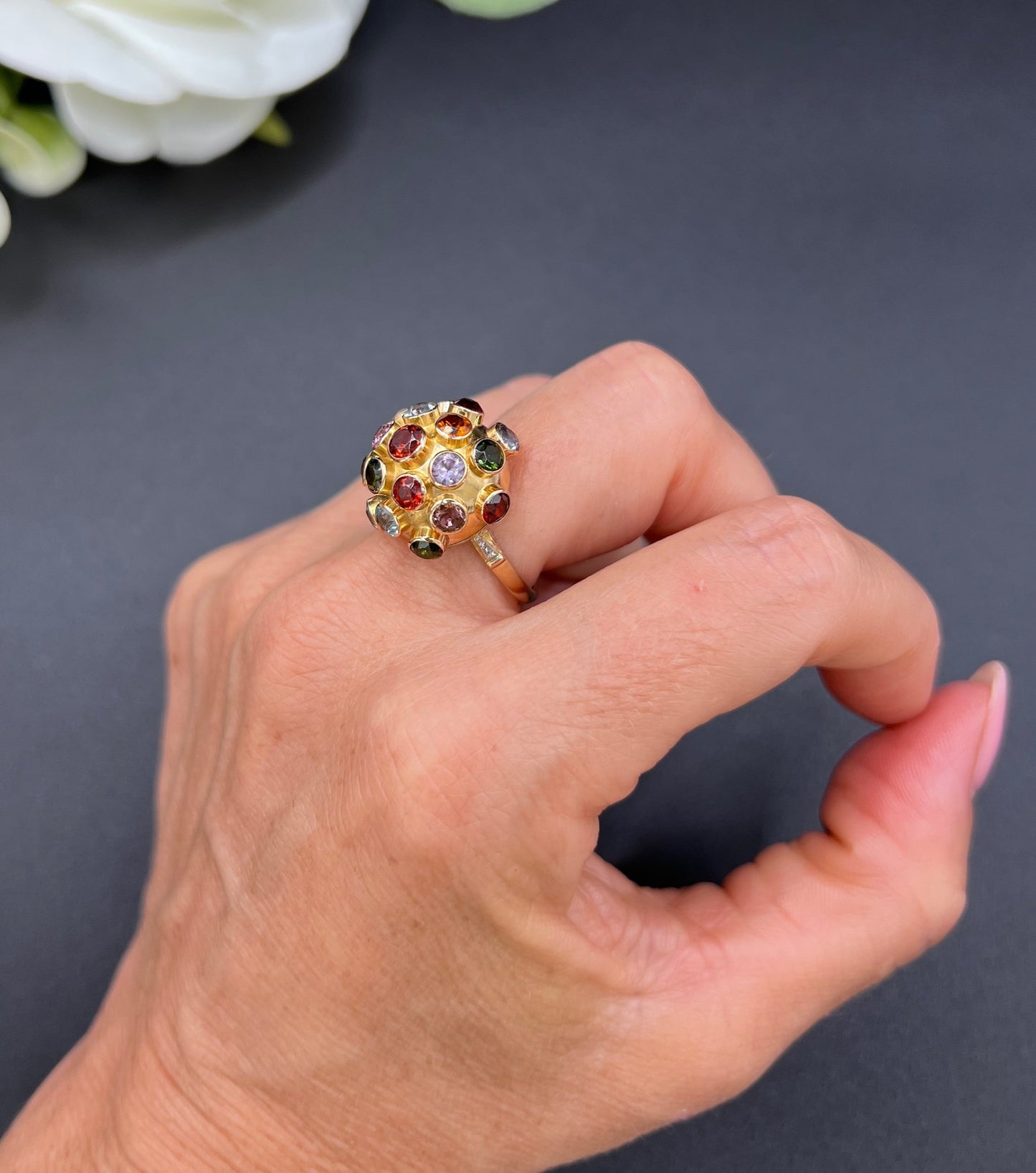 Vintage 18 ct Gold, 1950's Gemstone Set Sputnik Orb Ring
