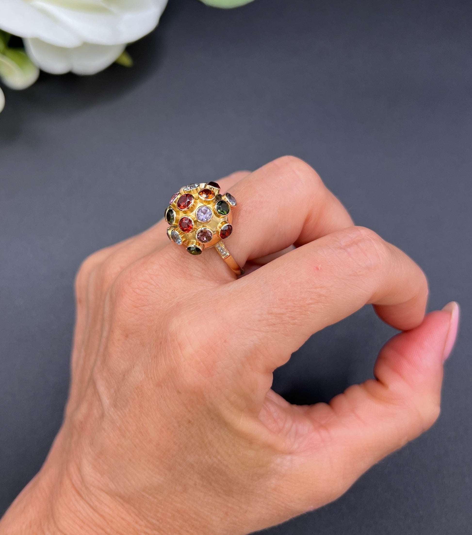 Vintage 18 ct Gold, 1950's Gemstone Set Sputnik Orb Ring
