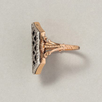 Georgian Antique Rose Cut Diamond Plaque Ring in 18ct Rose Gold, central hexagonal concave element of dark green translucent with rose cut diamond set diagonal grid