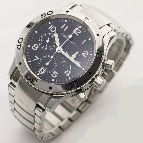 Breguet Type XX Stainless Steel Automatic Chronograph 39mm Watch; black dial, Arabic numerals, luminous hands, stainless steel bracelet strap, with box and papers