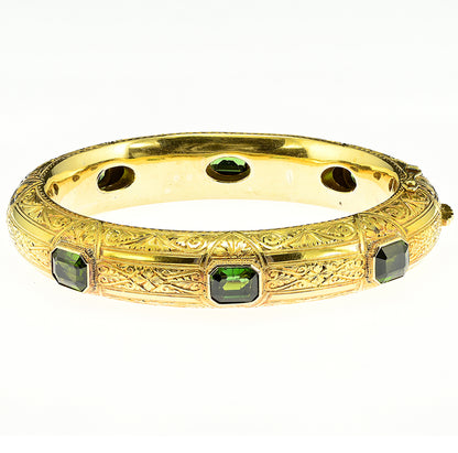 Antique Green Tourmaline Ornate Engraved Carved 18ct Yellow Gold Bangle Bracelet