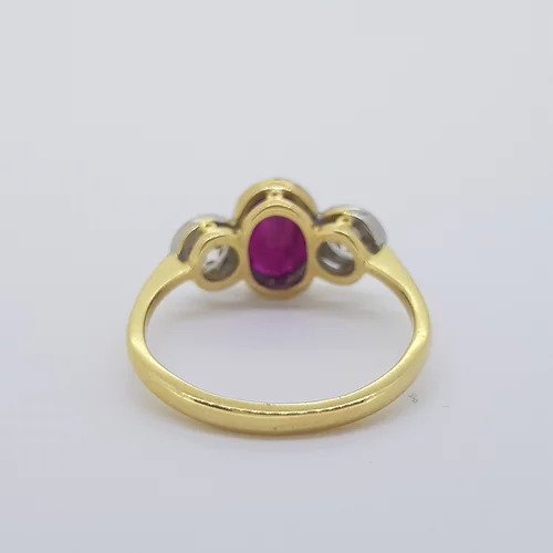 1.04ct Oval Ruby and Diamond Three Stone Ring in 18ct Gold