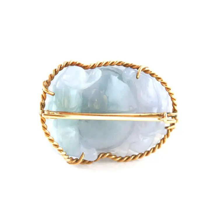 Unusual Vintage Carved Lavender Jadeite Jade Brooch with Rubies, Circa 1940s