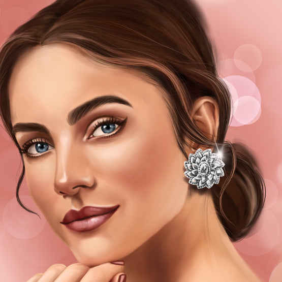 Rose Cut Diamond Flower Cluster Stud Earrings; featuring 0.30ct oval rose cut diamonds surrounded by forty-four rose cut diamond petals, 7.74 carats