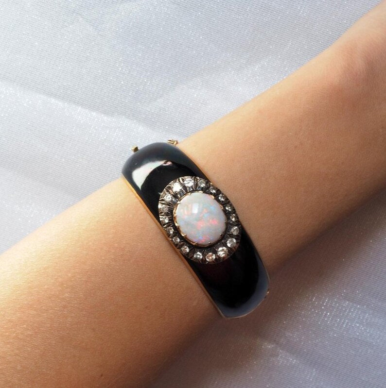 Antique Victorian 7ct Natural Harlequin Opal Diamond Enamel Gold Bangle Bracelet