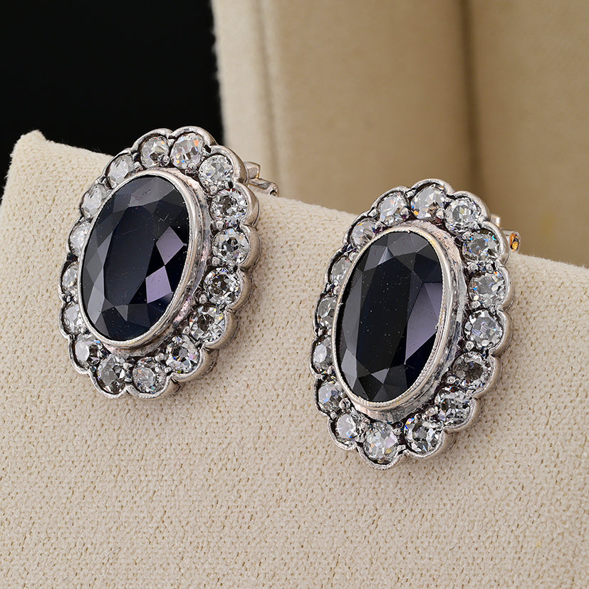 Vintage 8.40ct Natural Sapphire and Old European Cut Diamond Cluster Clip Earrings