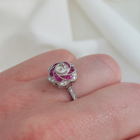 Ruby and Diamond Floral Cluster Engagement Ring