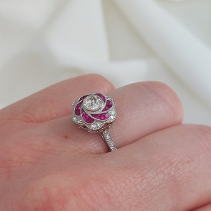 Ruby and Diamond Floral Cluster Engagement Ring