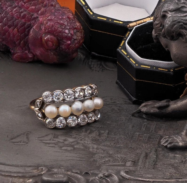 Art Deco Natural Pearl and 1.90ct Old Mine Cut Diamond Dress Ring