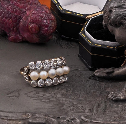 Art Deco Natural Pearl and 1.90ct Old Mine Cut Diamond Dress Ring