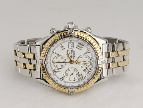 Breitling Crosswind Chronograph Gold and Steel 42mm Automatic D13055 Watch, white dial, Roman numerals, date indicator, small seconds, sapphire crystal, steel and gold bracelet