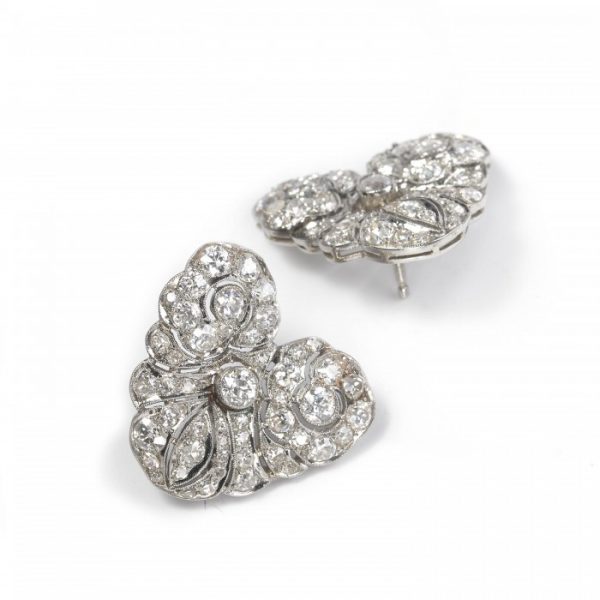 Vintage Old Cut Diamond Cluster Earrings in Platinum; mid 20th century heart shaped earrings set with clusters of round old-cut diamonds, 4.00 carat total, Circa 1940