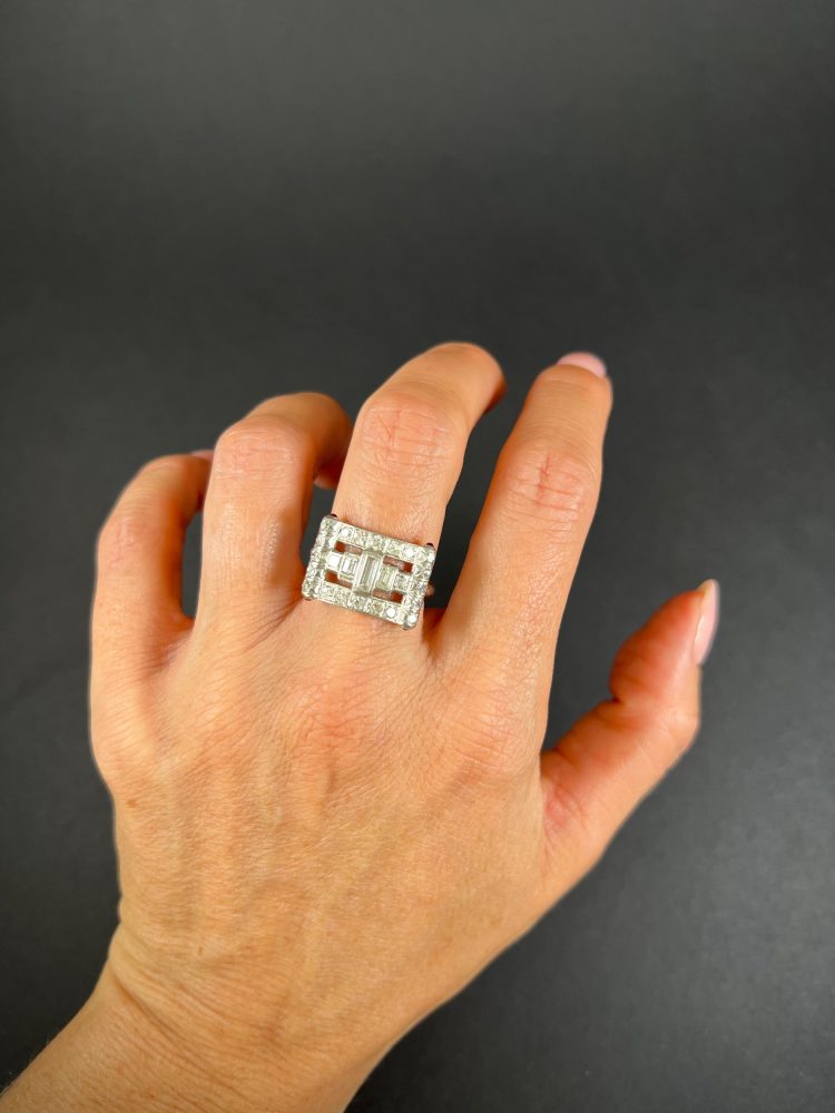 Vintage Diamond And Ruby Buckle Style Cocktail Ring In Platinum