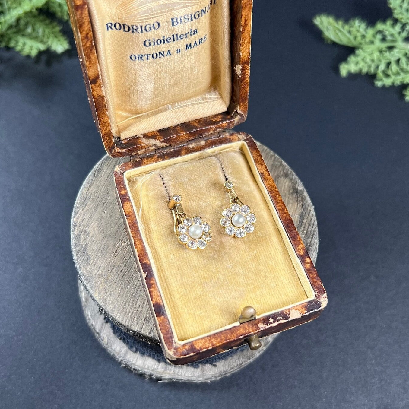 Edwardian Antique Natural Pearl and Old Cut Diamond Daisy Cluster Drop Earrings