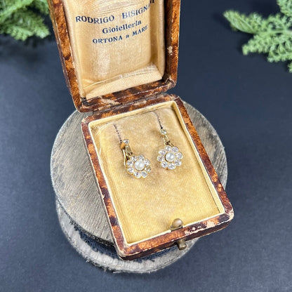 Edwardian Antique Natural Pearl and Old Cut Diamond Daisy Cluster Drop Earrings