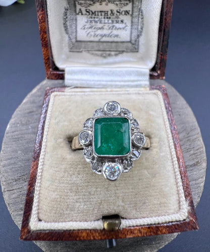 Vintage 18ct Gold, 1940s Emerald & Diamond Cluster Dress Ring