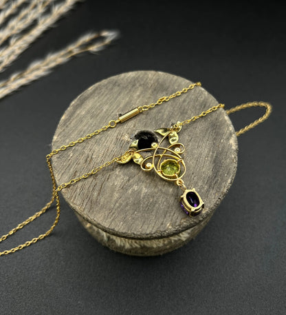 Antique 9 ct Gold Edwardian Suffragette Pendant Necklace With Amethyst, Peridot And Seed Pearls