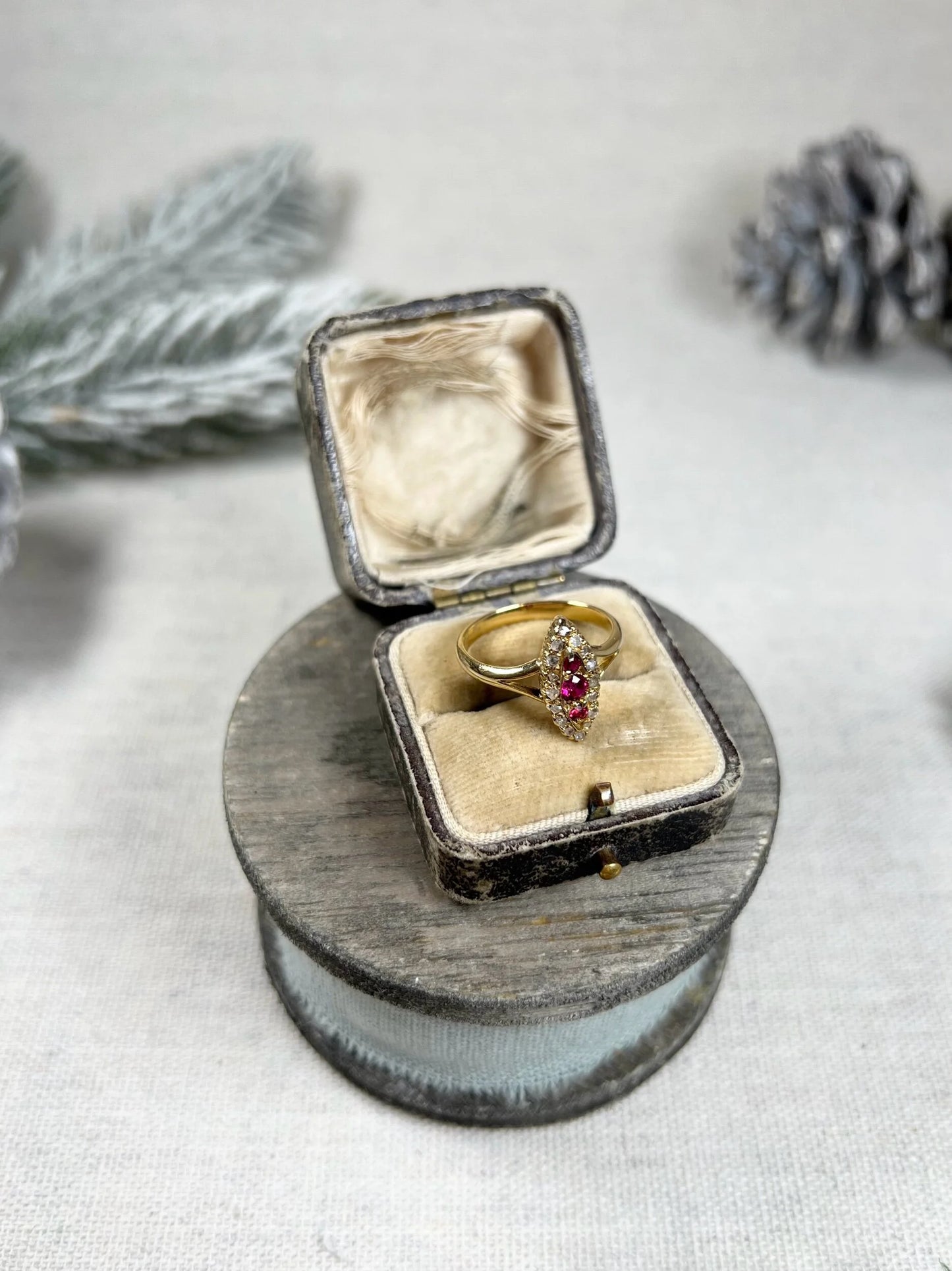 Antique 18ct Gold, Victorian Ruby & Diamond Marquise Navette Shaped Ring