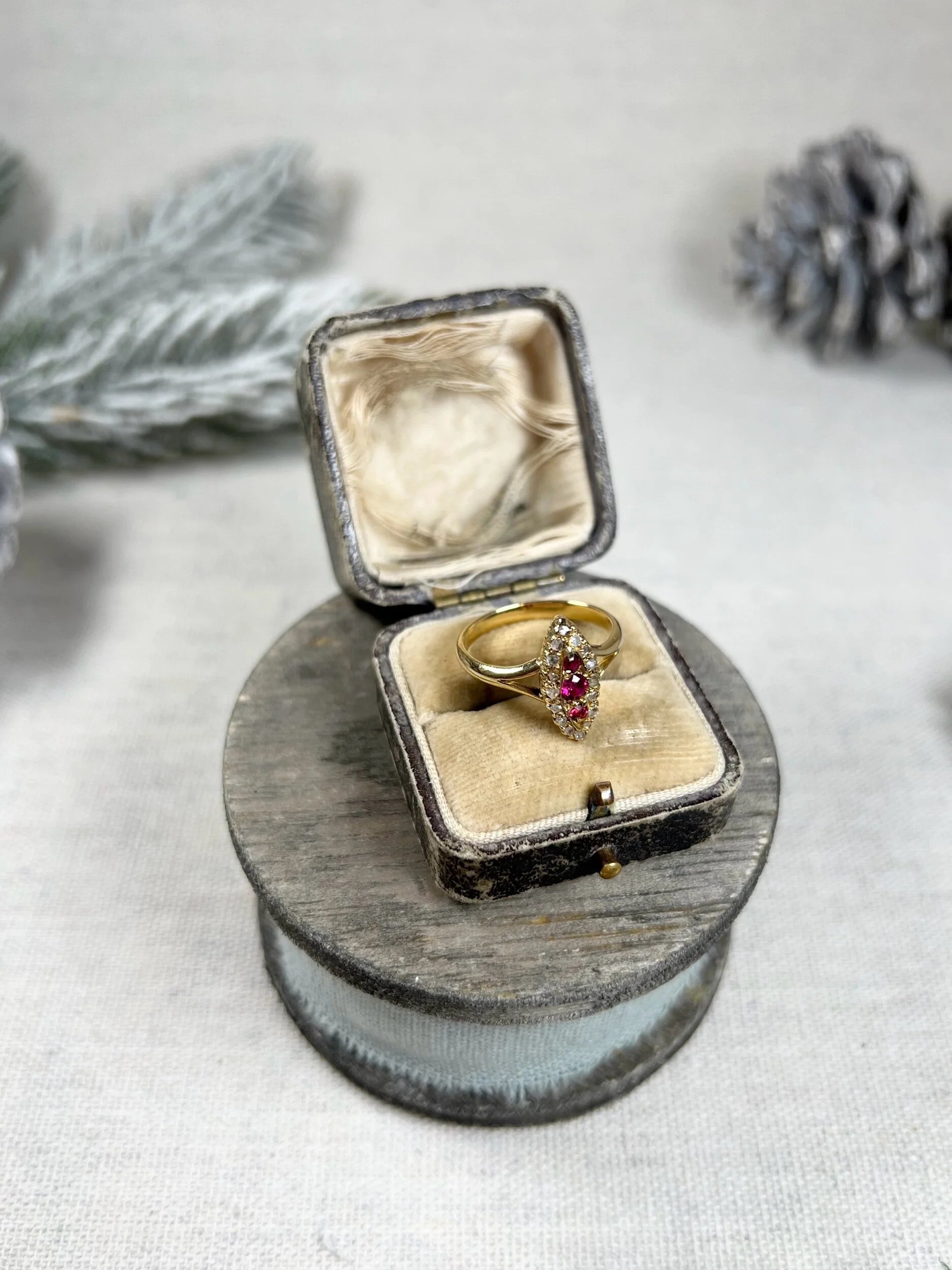 Antique 18ct Gold, Victorian Ruby & Diamond Marquise Navette Shaped Ring