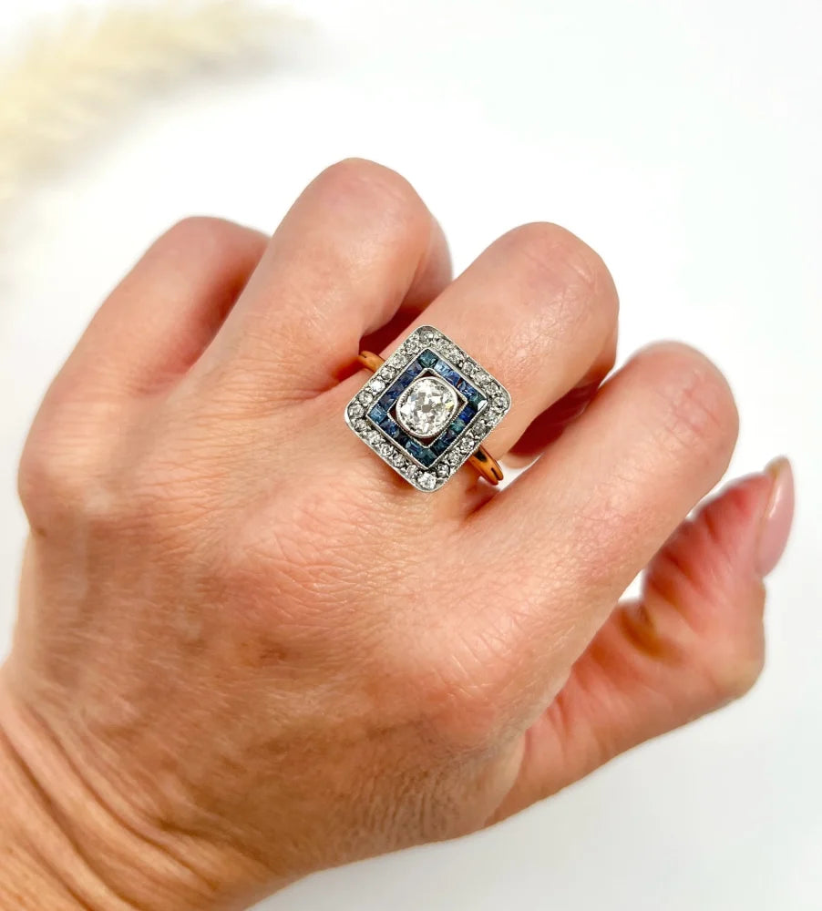Edwardian Antique Sapphire and Diamond Square Cluster Target Ring