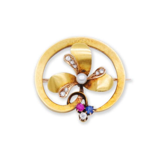 Antique Edwardian Diamond Pearl Sapphire and Ruby Flower Brooch
