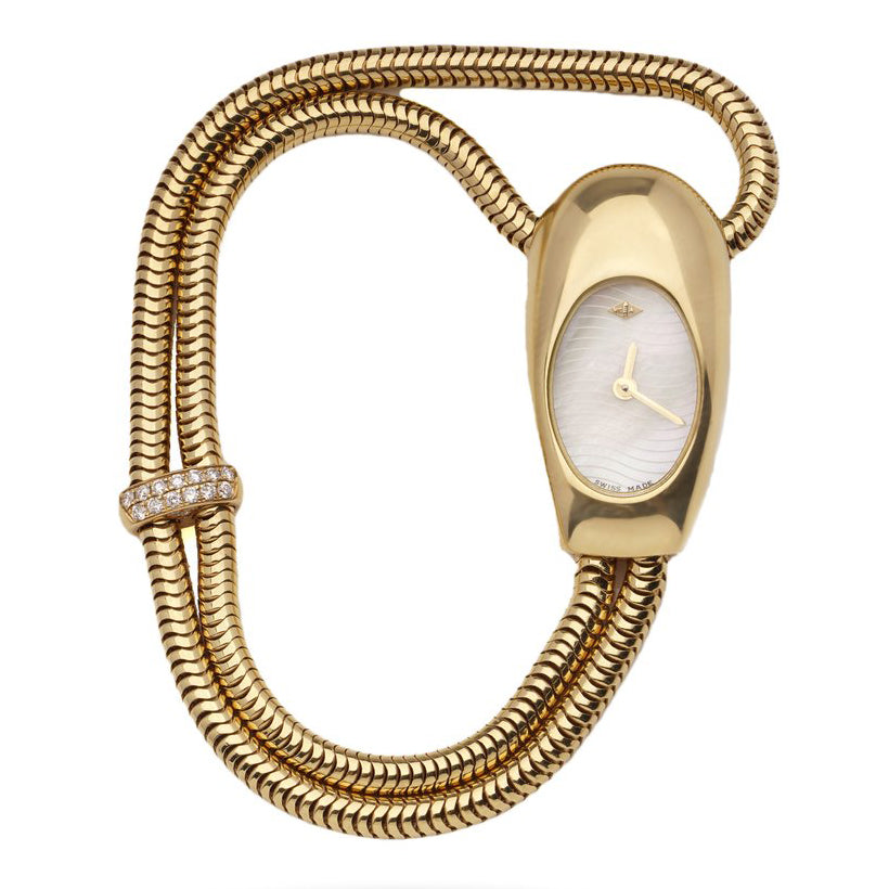 Van Cleef and Arpels Cadenas Serti Gold Watch with Diamonds, 18ct Yellow Gold Wrist Watch with pave-set diamond band. Comes with Van Cleef & Arpels travel pouch, Circa 1990s