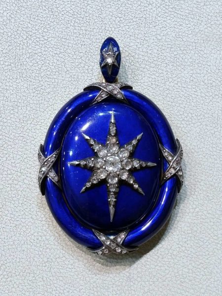 Antique Victorian Blue Enamel and Old Cut Diamond Locket Pendant, c.1860