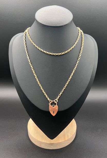 Victorian 9 Carat Yellow Gold Rolo Link Chain with Vintage Heart Padlock Clasp