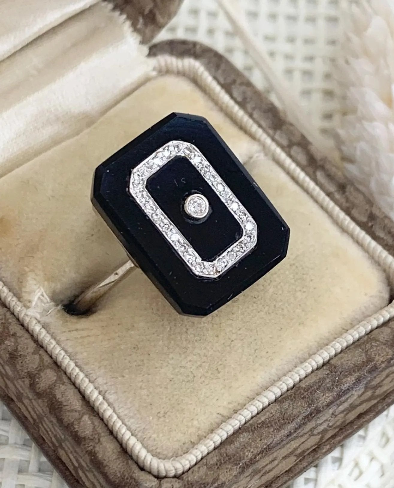 Antique 18ct White Gold, 1920s Art Deco Onyx & Diamond Rectangular Shaped Ring