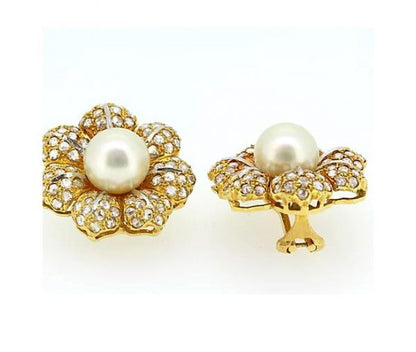 Buccellati Signed Pearl and Diamond Flower Earrings, 18ct Yellow Gold
