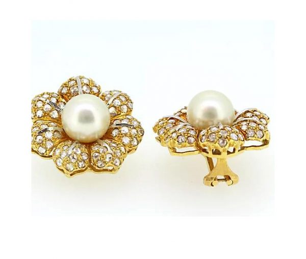 Buccellati Signed Pearl and Diamond Flower Earrings, 18ct Yellow Gold